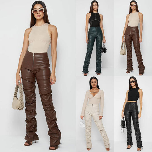 European And American Fashion Tight PU Leather Trousers Personalized Shrinkage Bootcut Trousers Women $59.00 Dana Fashion Color: Black Size: L Women's clothing Product information: Color: brown, dark green, black, Milky White Elasticity: Micro elasticity