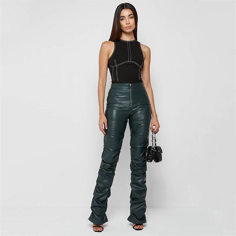 European And American Fashion Tight PU Leather Trousers Personalized Shrinkage Bootcut Trousers Women $59.00 Dana Fashion Color: Dark Green Size: L Women's clothing Product information: Color: brown, dark green, black, Milky White Elasticity: Micro elasti