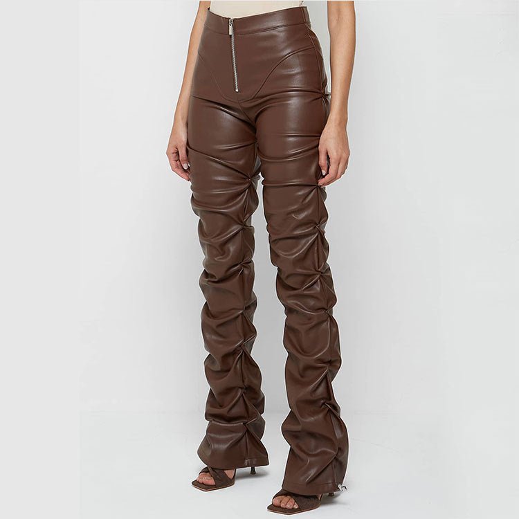 European And American Fashion Tight PU Leather Trousers Personalized Shrinkage Bootcut Trousers Women $59.00 Dana Fashion Color: Black Size: L Women's clothing Product information: Color: brown, dark green, black, Milky White Elasticity: Micro elasticity