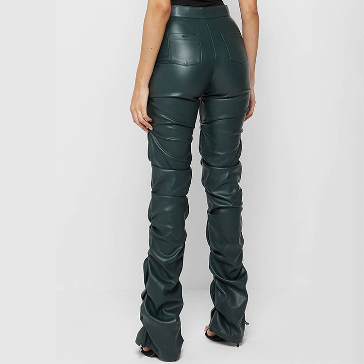 European And American Fashion Tight PU Leather Trousers Personalized Shrinkage Bootcut Trousers Women $59.00 Dana Fashion Color: Black Size: L Women's clothing Product information: Color: brown, dark green, black, Milky White Elasticity: Micro elasticity