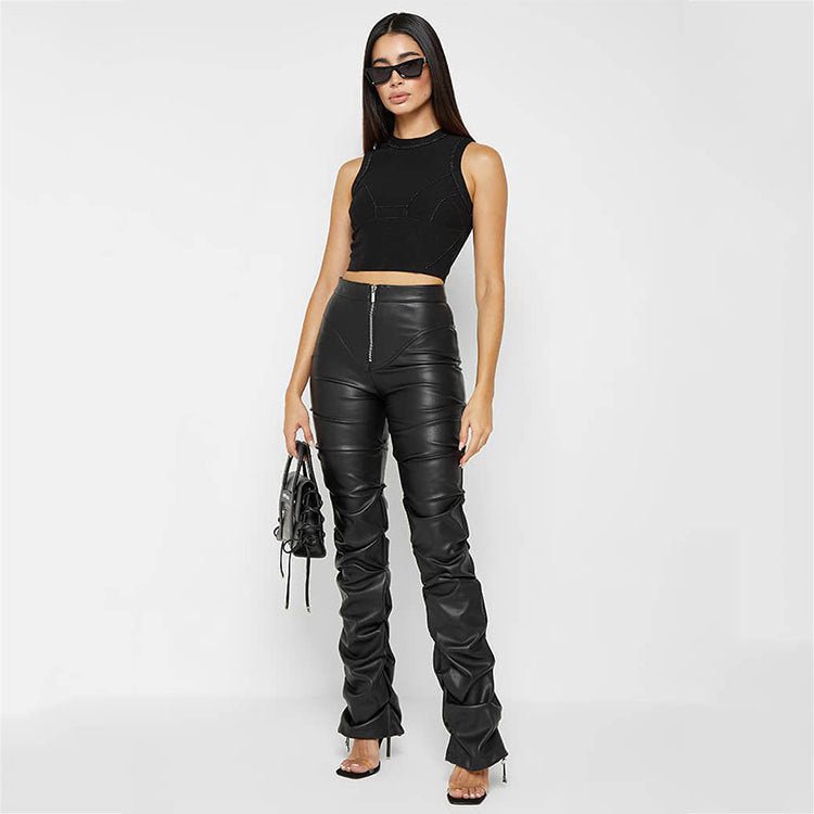 European And American Fashion Tight PU Leather Trousers Personalized Shrinkage Bootcut Trousers Women $59.00 Dana Fashion Color: Black Size: L Women's clothing Product information: Color: brown, dark green, black, Milky White Elasticity: Micro elasticity