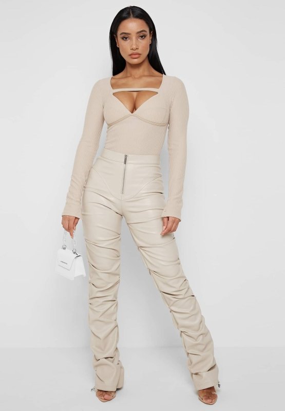 European And American Fashion Tight PU Leather Trousers Personalized Shrinkage Bootcut Trousers Women $59.00 Dana Fashion Color: Milky White Size: L Women's clothing Product information: Color: brown, dark green, black, Milky White Elasticity: Micro elast