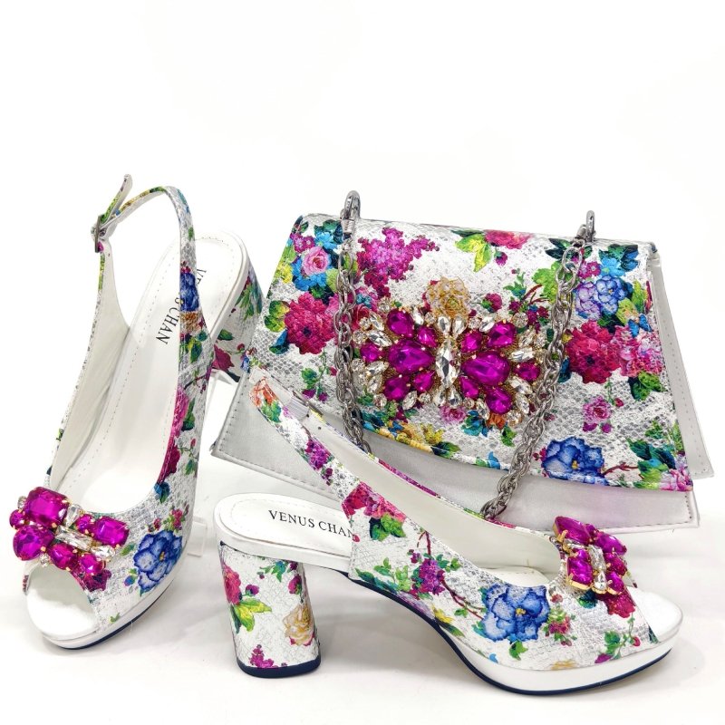 European And American Ladies Shoe Bag Suit Combination $165.50 Dana Fashion Color: White Size: 37 Women's shoes Product information: Color: white, yellow, dark violet, silver, blue, gold, black Heel height: high heel (6-8CM) Heel shape: chunky heel Size: