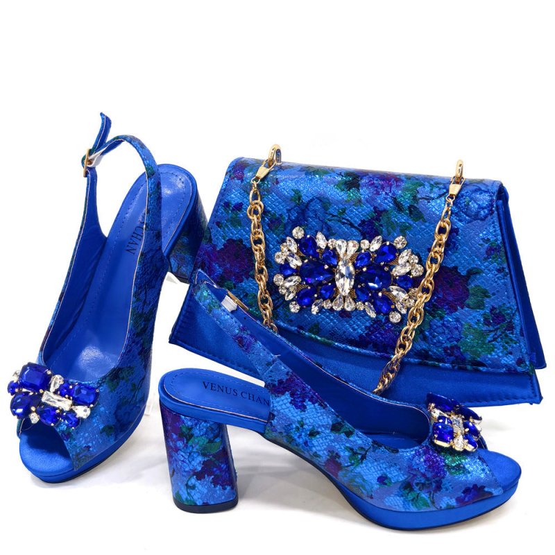European And American Ladies Shoe Bag Suit Combination $165.50 Dana Fashion Color: Blue Size: 37 Women's shoes Product information: Color: white, yellow, dark violet, silver, blue, gold, black Heel height: high heel (6-8CM) Heel shape: chunky heel Size: 3