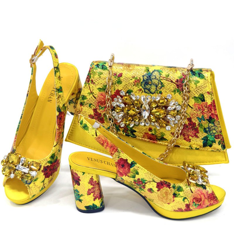 European And American Ladies Shoe Bag Suit Combination $165.50 Dana Fashion Color: Yellow Size: 37 Women's shoes Product information: Color: white, yellow, dark violet, silver, blue, gold, black Heel height: high heel (6-8CM) Heel shape: chunky heel Size: