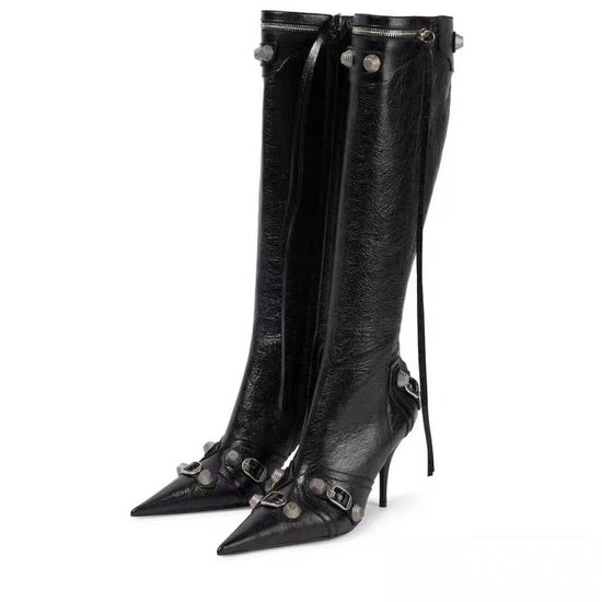 European And American New Pointed Toe Stiletto Heel Metal Rivet Motorcycle Catwalk Women's Boots $75.50 Dana Fashion Color: Black Size: 34 Women's shoes Product information: Pattern: color matching Lining material: imitation leather Color: Black, 2070 bla
