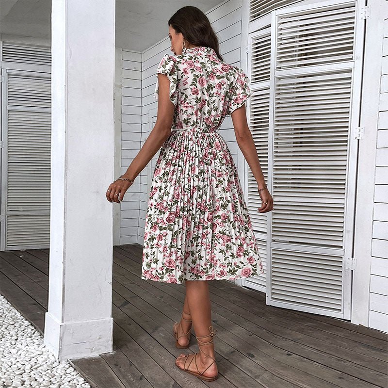 European And American Pleated Skirt Floral Ruffle Sleeve Lace-up Dress $47.35 Dana Fashion Color: White Size: L Women's clothing Product information: Pattern: Printing Skirt type: A- line skirt Color: White Waist type: high waist Size: S,M,L,XL,XXL Style