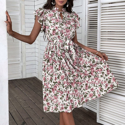 European And American Pleated Skirt Floral Ruffle Sleeve Lace-up Dress $47.35 Dana Fashion Color: White Size: L Women's clothing Product information: Pattern: Printing Skirt type: A- line skirt Color: White Waist type: high waist Size: S,M,L,XL,XXL Style