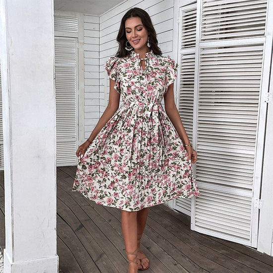 European And American Pleated Skirt Floral Ruffle Sleeve Lace-up Dress $47.35 Dana Fashion Color: White Size: L Women's clothing Product information: Pattern: Printing Skirt type: A- line skirt Color: White Waist type: high waist Size: S,M,L,XL,XXL Style