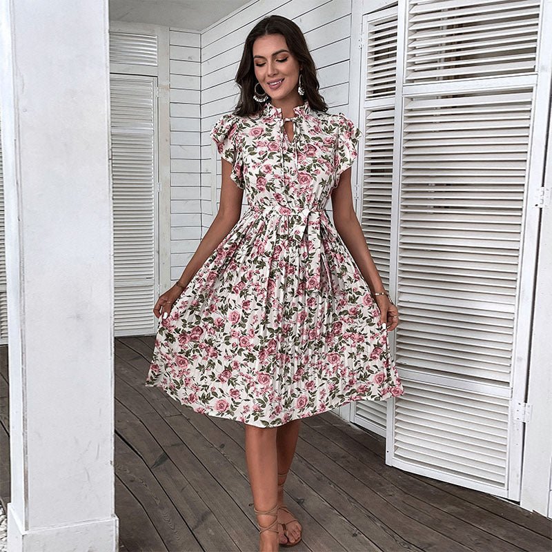 European And American Pleated Skirt Floral Ruffle Sleeve Lace-up Dress $47.35 Dana Fashion Color: White Size: L Women's clothing Product information: Pattern: Printing Skirt type: A- line skirt Color: White Waist type: high waist Size: S,M,L,XL,XXL Style