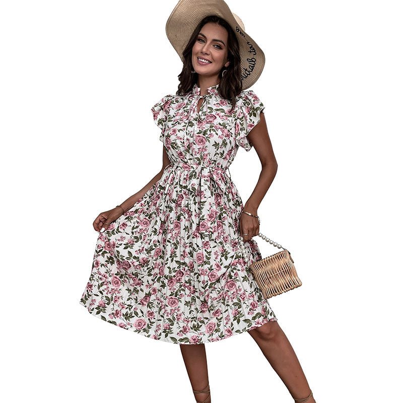European And American Pleated Skirt Floral Ruffle Sleeve Lace-up Dress $47.35 Dana Fashion Color: White Size: L Women's clothing Product information: Pattern: Printing Skirt type: A- line skirt Color: White Waist type: high waist Size: S,M,L,XL,XXL Style
