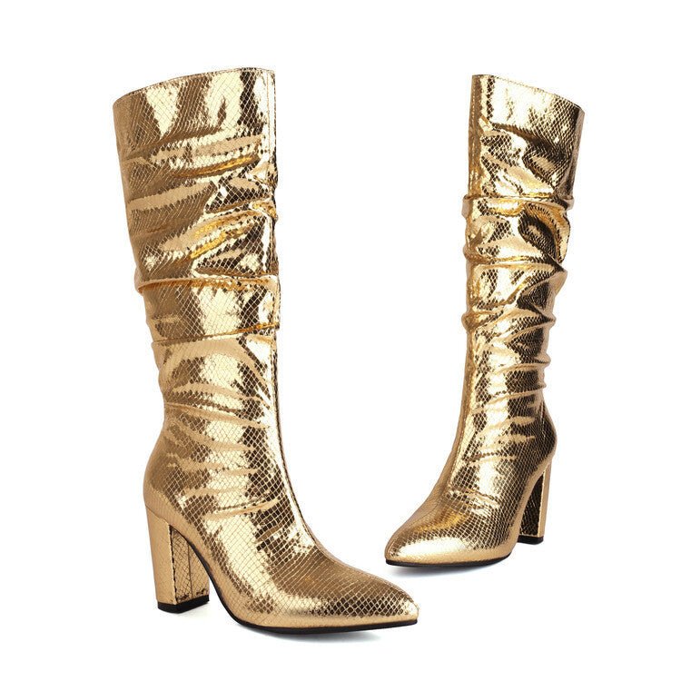 European And American Style Patent Leather Plaid Boots Pointed Toe Chunky Heel Women $79.39 Dana Fashion Color: Gold Size: 34 Women's shoes Product information: Pattern: solid color Lining material: Microfiber Color: green, blue, rose, gold, silver Heel h