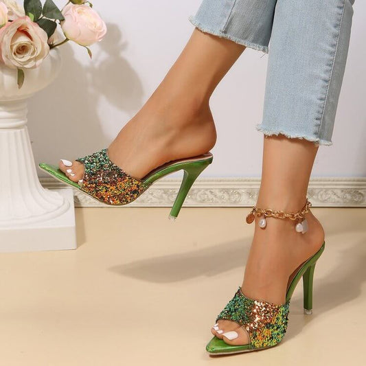 European And American Style Sequin High Heels Sandals $35.50 Dana Fashion Color: Black Size: 35 Women's shoes Product information: Lining material: PU Toe holder shape: Pointed Color: green, white, black, red Shoe Upper material: PU Size: 35,36,37,38,39,4