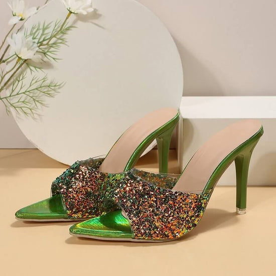 European And American Style Sequin High Heels Sandals $35.50 Dana Fashion Color: Green Size: 35 Women's shoes Product information: Lining material: PU Toe holder shape: Pointed Color: green, white, black, red Shoe Upper material: PU Size: 35,36,37,38,39,4