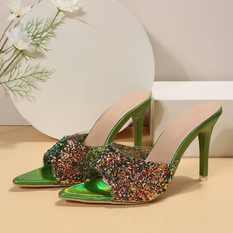 European And American Style Sequin High Heels Sandals $35.50 Dana Fashion Color: Green Size: 35 Women's shoes Product information: Lining material: PU Toe holder shape: Pointed Color: green, white, black, red Shoe Upper material: PU Size: 35,36,37,38,39,4