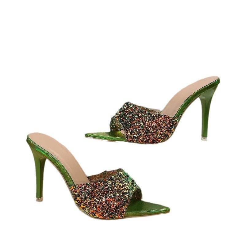 European And American Style Sequin High Heels Sandals $35.50 Dana Fashion Color: Black Size: 35 Women's shoes Product information: Lining material: PU Toe holder shape: Pointed Color: green, white, black, red Shoe Upper material: PU Size: 35,36,37,38,39,4