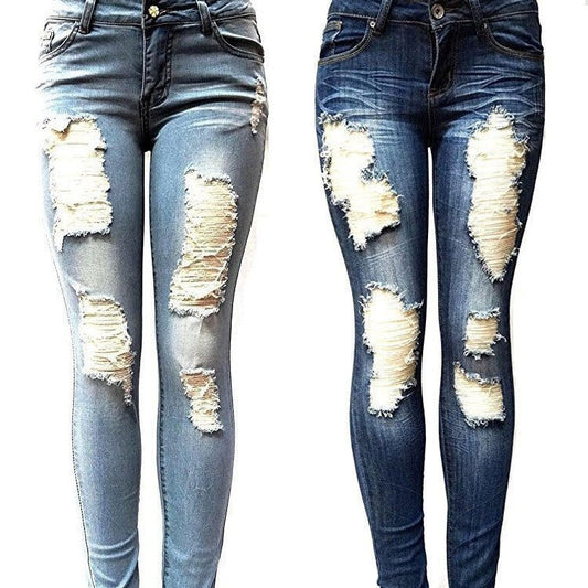 European And American Style Women Ripped Slimming Jeans $25.99 Dana Fashion Color: Dark Blue Size: 2XL Women's clothing Product information: Thickness: ordinary Fabric name: Other Color: dark blue, light blue Elasticity: as shown in the figure Pants lengt