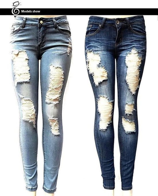 European And American Style Women Ripped Slimming Jeans $25.99 Dana Fashion Color: Dark Blue Size: 2XL Women's clothing Product information: Thickness: ordinary Fabric name: Other Color: dark blue, light blue Elasticity: as shown in the figure Pants lengt
