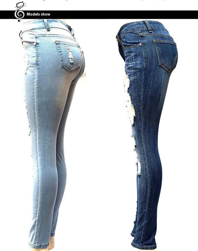European And American Style Women Ripped Slimming Jeans $25.99 Dana Fashion Color: Light Blue Size: 2XL Women's clothing Product information: Thickness: ordinary Fabric name: Other Color: dark blue, light blue Elasticity: as shown in the figure Pants leng