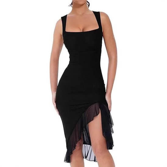 European And American U-collar Slim Mesh Splicing Sling Dress $32.50 Dana Fashion Color: Black Size: L Women's clothing Product information: Fabric name: Polyester Color: Black Sleeve type: sleeveless Main fabric composition: Polyester (polyester fiber) S