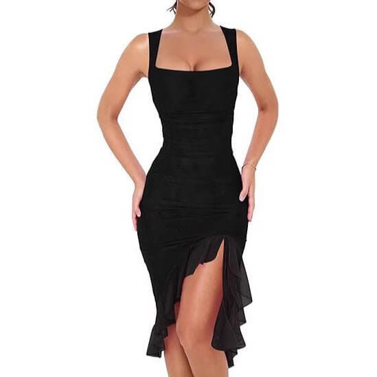 European And American U-collar Slim Mesh Splicing Sling Dress $32.50 Dana Fashion Color: Black Size: L Women's clothing Product information: Fabric name: Polyester Color: Black Sleeve type: sleeveless Main fabric composition: Polyester (polyester fiber) S