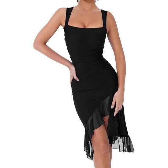 European And American U-collar Slim Mesh Splicing Sling Dress $32.50 Dana Fashion Color: Black Size: L Women's clothing Product information: Fabric name: Polyester Color: Black Sleeve type: sleeveless Main fabric composition: Polyester (polyester fiber) S