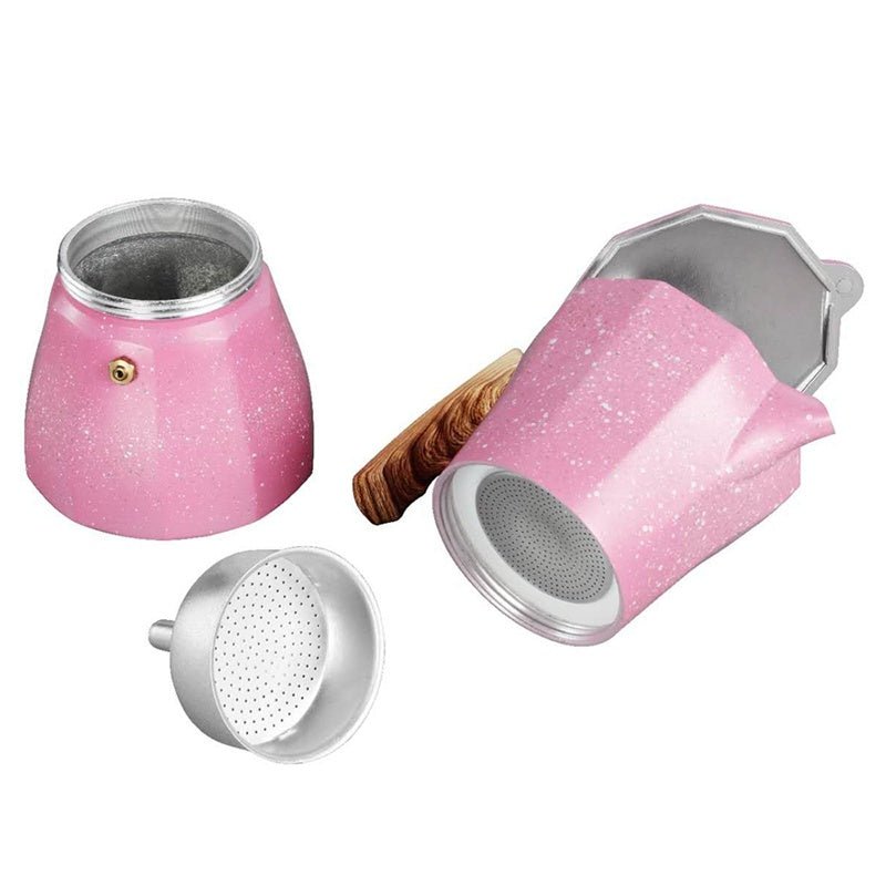 European Style Aluminum Coffee Pot Turkish Octagonal Pot Coffee Cup $58.39 Dana Fashion Color: Pink Capacity size: 300ml Dana's Kitchen Product Information: Brand: Open brand coffee maker Material: Aluminum Place of Origin: Wuyi Time to market: Spring 202