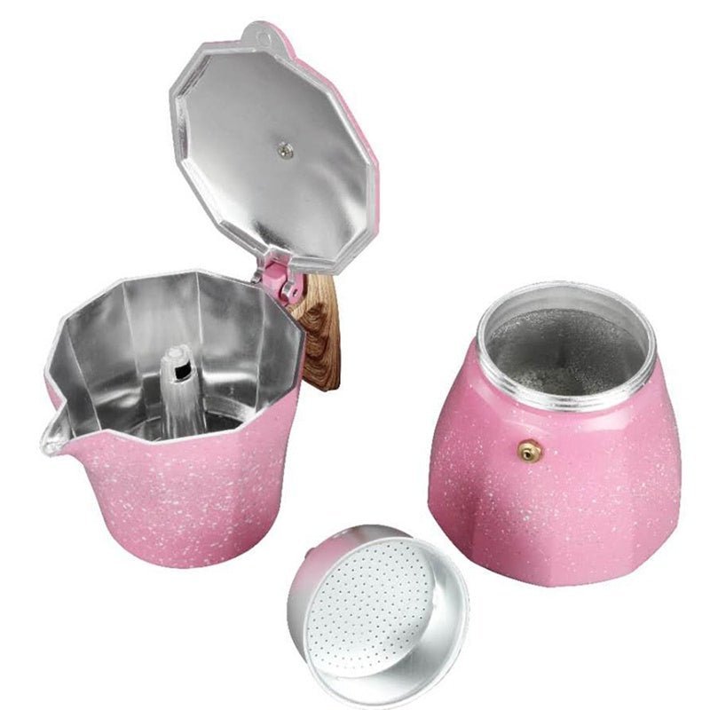 European Style Aluminum Coffee Pot Turkish Octagonal Pot Coffee Cup $58.39 Dana Fashion Color: Pink Capacity size: 300ml Dana's Kitchen Product Information: Brand: Open brand coffee maker Material: Aluminum Place of Origin: Wuyi Time to market: Spring 202