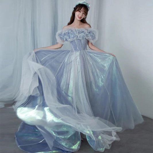 Evening Gown For Women Haze Blue Fairy $145.90 Dana Fashion Color: Blue size: L Women's clothing Product information: Applicable scenario: wedding adult ceremony party company annual meeting performance Daily date Color: blue Sleeve type: puff sleeve Main