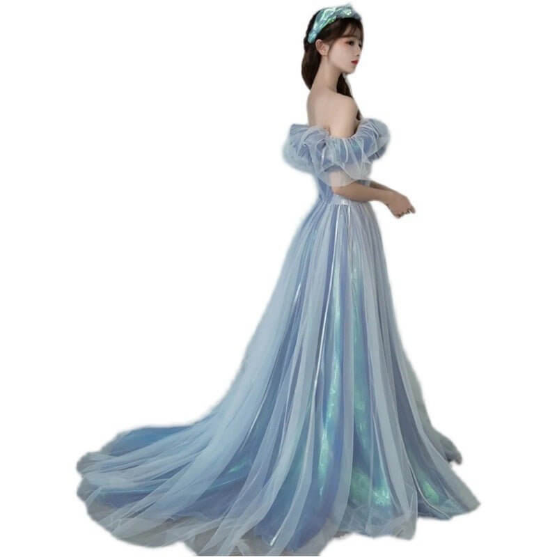 Evening Gown For Women Haze Blue Fairy $145.90 Dana Fashion Color: Blue size: L Women's clothing Product information: Applicable scenario: wedding adult ceremony party company annual meeting performance Daily date Color: blue Sleeve type: puff sleeve Main