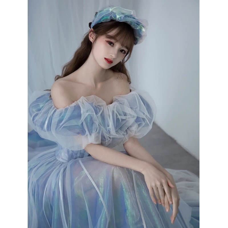 Evening Gown For Women Haze Blue Fairy $145.90 Dana Fashion Color: Blue size: L Women's clothing Product information: Applicable scenario: wedding adult ceremony party company annual meeting performance Daily date Color: blue Sleeve type: puff sleeve Main