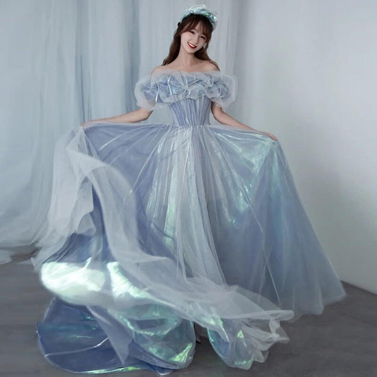 Evening Gown For Women Haze Blue Fairy $145.90 Dana Fashion Color: Blue size: L Women's clothing Product information: Applicable scenario: wedding adult ceremony party company annual meeting performance Daily date Color: blue Sleeve type: puff sleeve Main