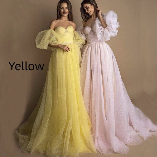 Evening Gown Tube Top Retro Lantern Sleeve Light Yarn $259.50 Dana Fashion Color: Yellow Size: US10 Women's clothing Product information: Color: yellow, pink Waist type: high waist Size: US2,US4,US6,US8,US10,US12,US14,US16,US14W,US16W,US18W,US20W,US22W,US