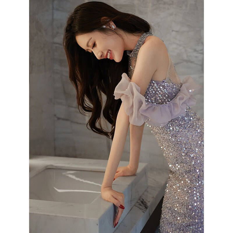 Evening Gown Women's Halter French Style $129.50 Dana Fashion Color: Violet Dress Size: L Women's clothing Product information: Color: violet dress Size: XS,S,M,L,XL,XXL,XXXL Popular elements: Folding Fabric name: Polyester Main fabric composition: Polyes
