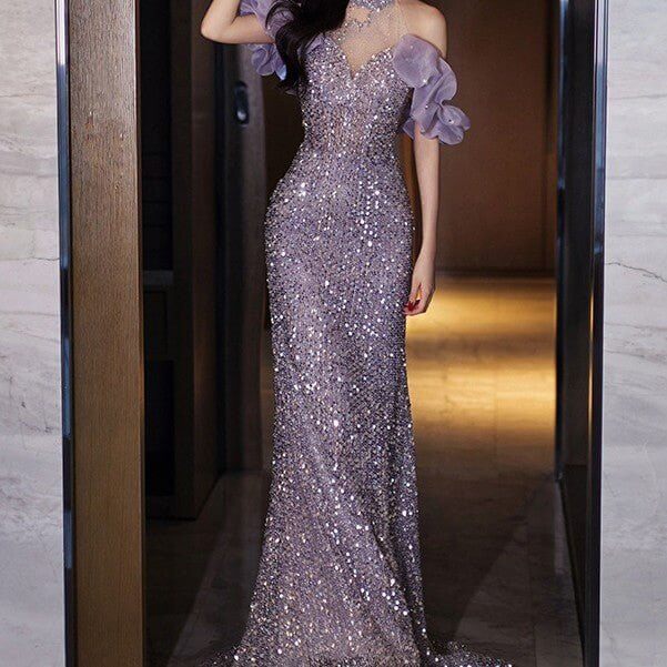 Evening Gown Women's Halter French Style $129.50 Dana Fashion Color: Violet Dress Size: L Women's clothing Product information: Color: violet dress Size: XS,S,M,L,XL,XXL,XXXL Popular elements: Folding Fabric name: Polyester Main fabric composition: Polyes
