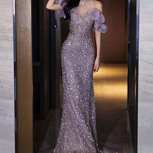 Evening Gown Women's Halter French Style $129.50 Dana Fashion Color: Violet Dress Size: L Women's clothing Product information: Color: violet dress Size: XS,S,M,L,XL,XXL,XXXL Popular elements: Folding Fabric name: Polyester Main fabric composition: Polyes