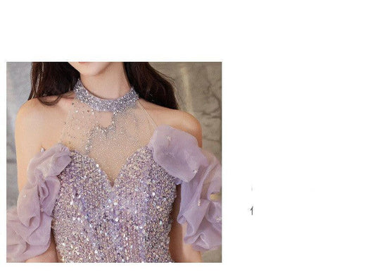 Evening Gown Women's Halter French Style $129.50 Dana Fashion Color: Violet Dress Size: L Women's clothing Product information: Color: violet dress Size: XS,S,M,L,XL,XXL,XXXL Popular elements: Folding Fabric name: Polyester Main fabric composition: Polyes