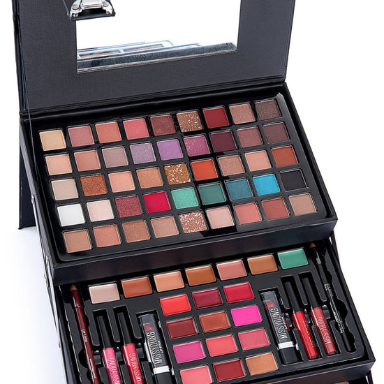 Eye Shadow Lip Gloss Cosmetic Set $170.00 Dana Fashion Color: Black makeup Product information: Efficacy: Concealer, Modification, Even skin tone Set includes lipstick, lip gloss, eye shadow, mascara, blush, lip pencil, brush and more Color: black, pink S
