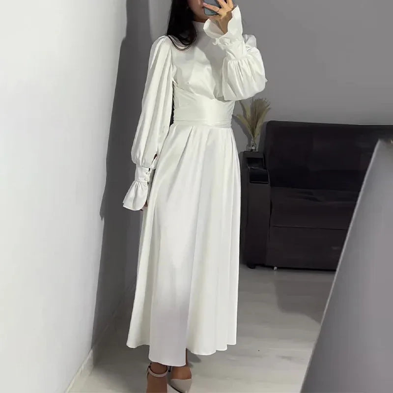 Round Neck Ruffle Sleeve Dress 2026 - High Waist Drawstring Dress - DanaFashionstore