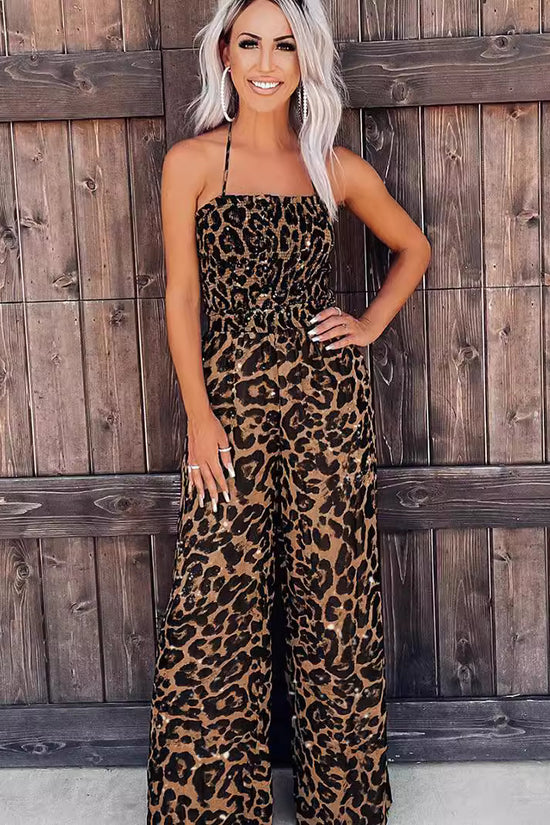 Women's Leopard Print Halter Backless Jumpsuit