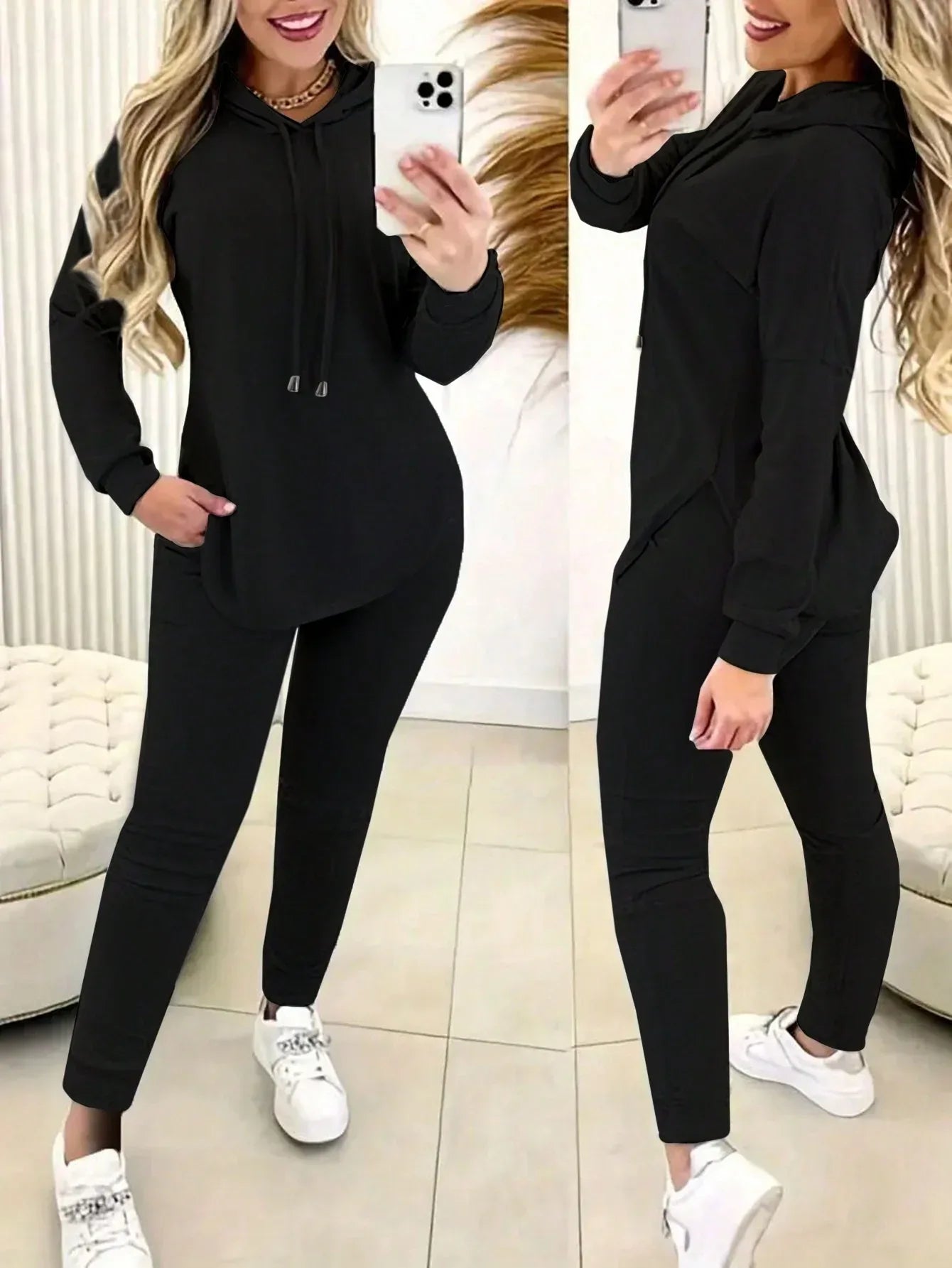 2pcs Set Women Solid Color Drawstring Hooded Long Sleeve Top And Pants Casual Suit - DanaFashionstore