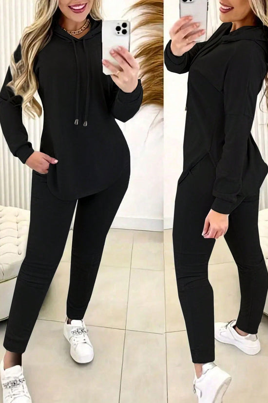 2pcs Set Women Solid Color Drawstring Hooded Long Sleeve Top And Pants Casual Suit
