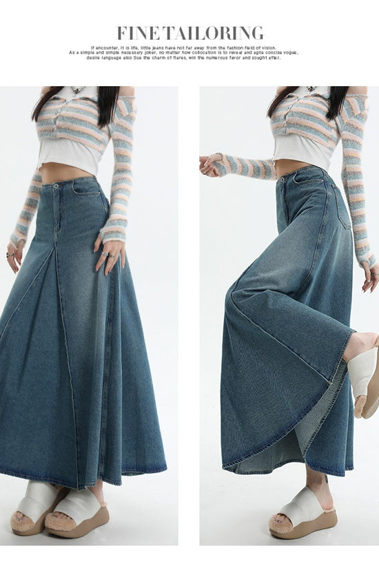 American Style Retro Big Swing Denim Spring New High Waist A- Line Slimming Mid-length Skirt