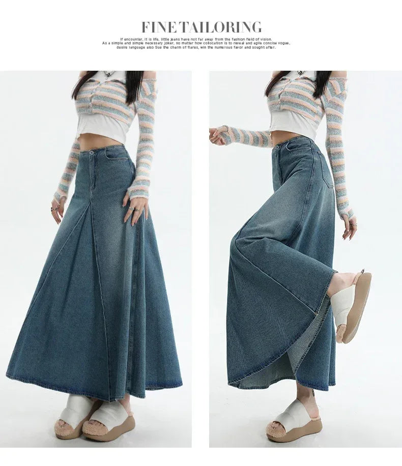 American Style Retro Big Swing Denim Spring New High Waist A- Line Slimming Mid-length Skirt - DanaFashionstore