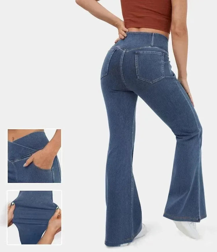 High Imitation Denim Bell-bottom Pants Cross-border Hip Lifting European And American Women Bell-bottom Pants - DanaFashionstore