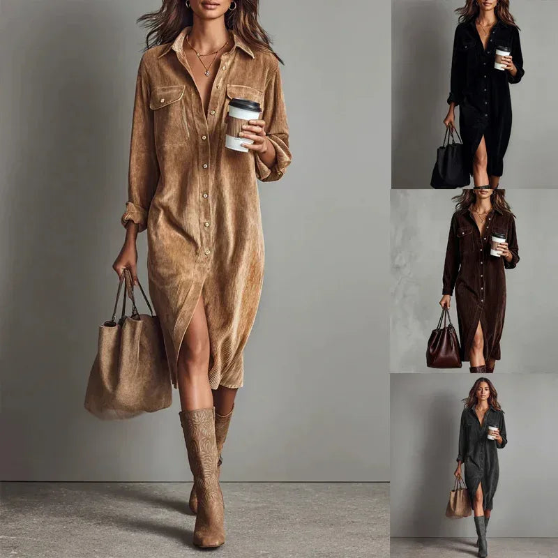 Turn-Down Collar Buttons Chic Casual Dress, Women Spring Autumn Solid Simple Party Dress, Long Sleeve Holiday Ladies Dress - DanaFashionstore