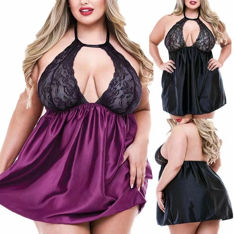 Plump Lingerie Sexy Fat Lady Lace Nightgown Sheer Cutout Home Pajamas - Dana Fashion