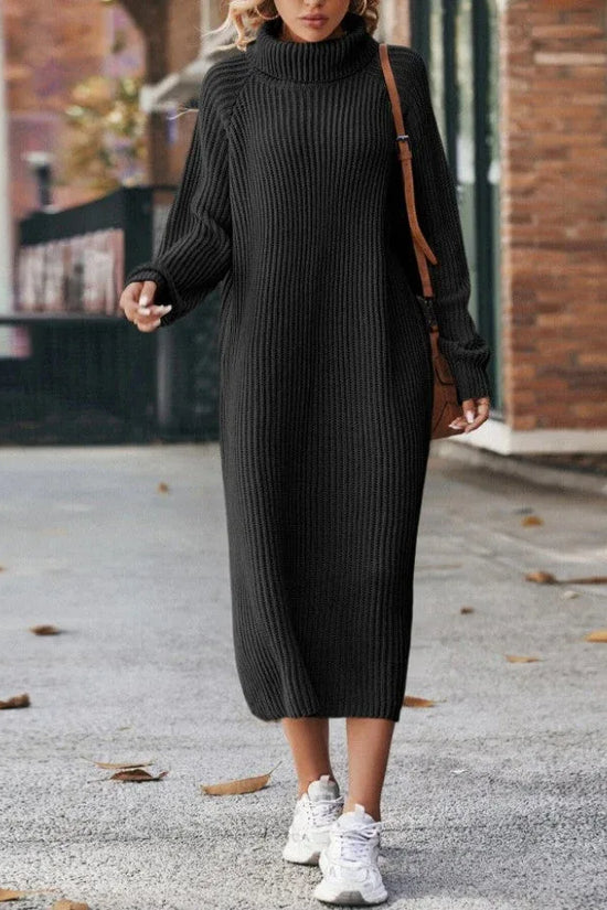 Winter Turtleneck Knitted Sweater Dress Fashion Solid Loose Pullover Long Dresses For Women Clothing - DanaFashionstore