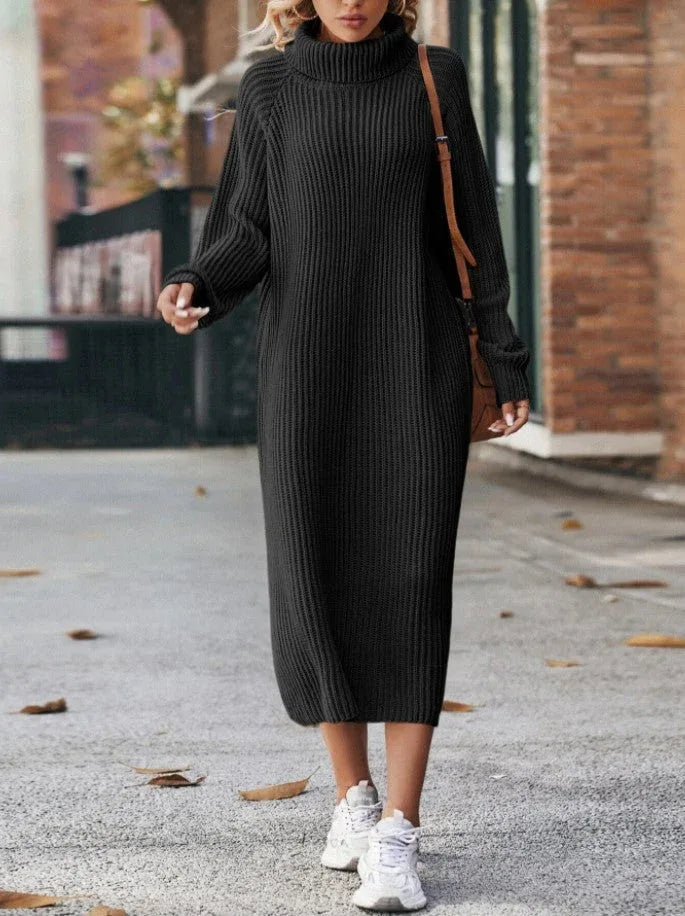 Winter Turtleneck Knitted Sweater Dress Fashion Solid Loose Pullover Long Dresses For Women Clothing - DanaFashionstore
