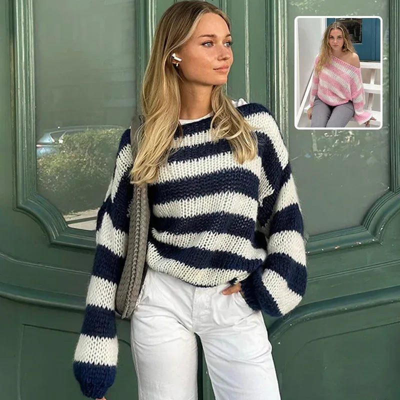 Loose Striped Pullover Sweater Fashion Versatile Long-sleeved Knitted Tops For Women Clothing - DanaFashionstore